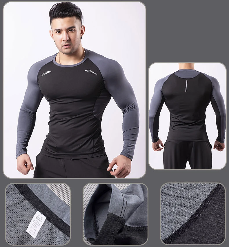 Men&prime;s Black/Gray Long Sleeves Workout Clothes Long Sleeves Compression Top T Shirt Sportswear Gym Fitness Clothing