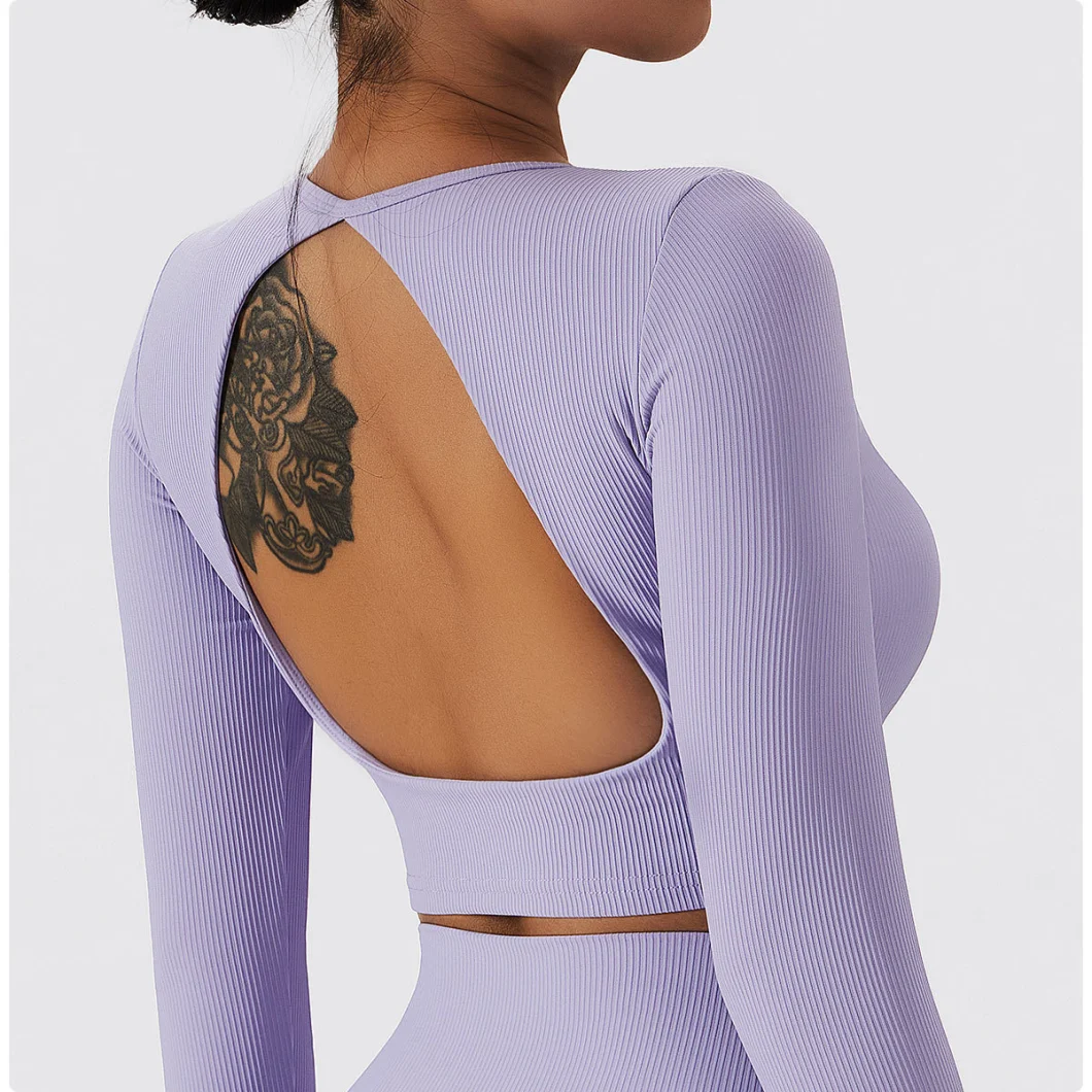 Sports Top with Logo Women&prime; S Crop with Chest Pad Crop Navel Fitness Long Sleeves Round Neck Backless Yoga Shirt Running T-Shirt