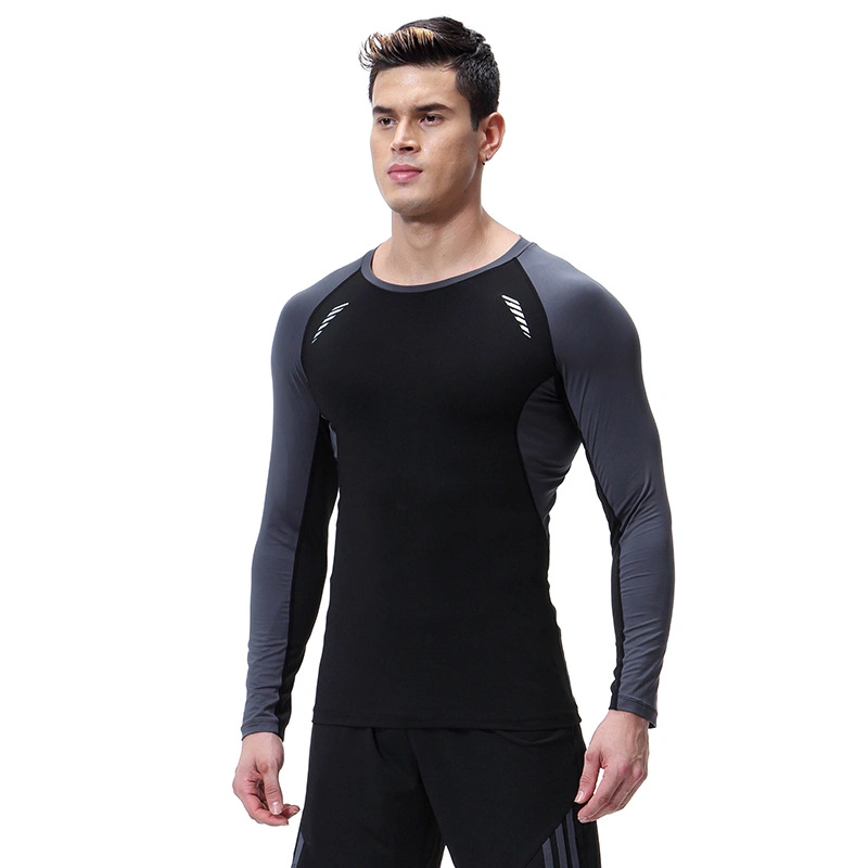 Men&prime;s Black/Gray Long Sleeves Workout Clothes Long Sleeves Compression Top T Shirt Sportswear Gym Fitness Clothing