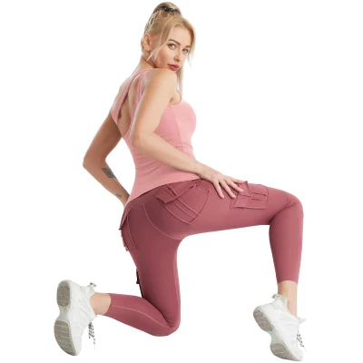 Hit Style Active Wear for Women One Shoulder Vest with Removable Cup Top Long Sleeve Side Pockets Pants Yoga Sports Sets Wear