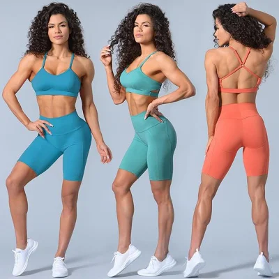 Women Suumer Yoga Suit Suspenders Bra and Shorts Sets Sports Fitness Suits Seamless Hip-Lifting Leggings Yoga Clothes QS1259